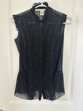 Max Studio Black Sheer Lace Ruffle Button-Up Blouse